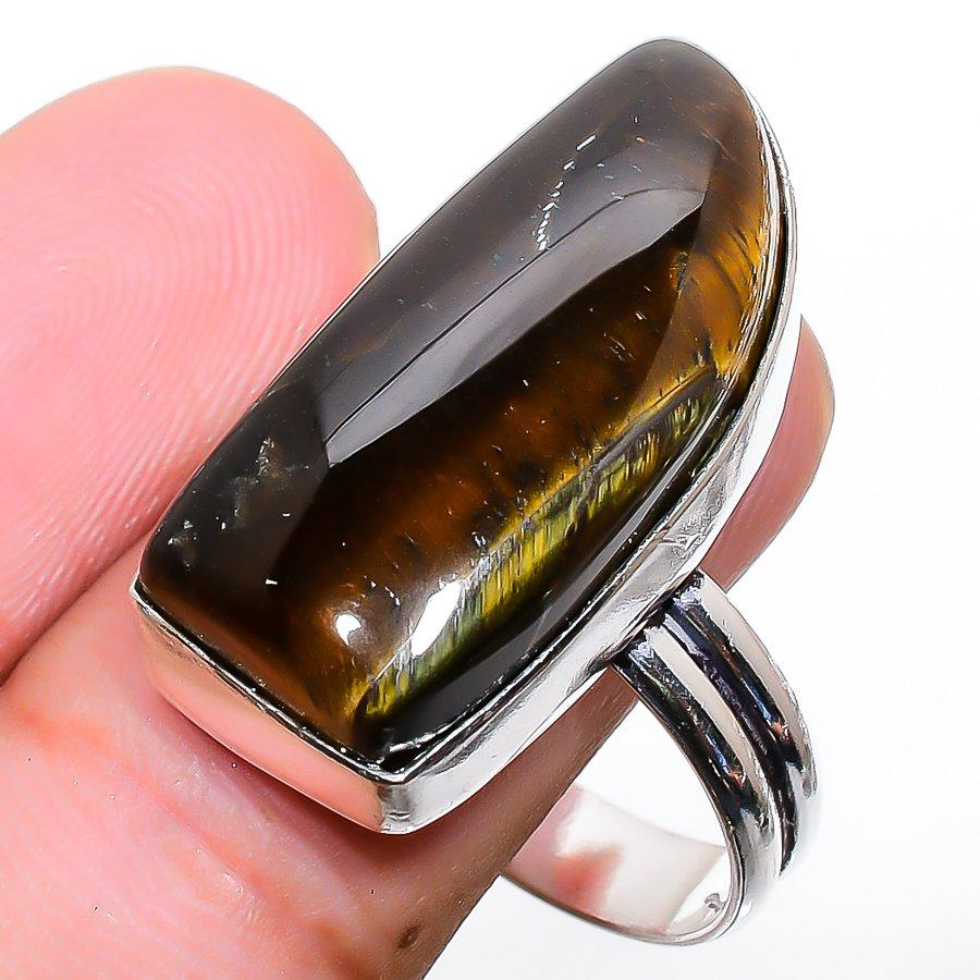 Anello in Argento Sterling 925 Fatto a Mano con Pietra Occhio di Tigre Misura 10