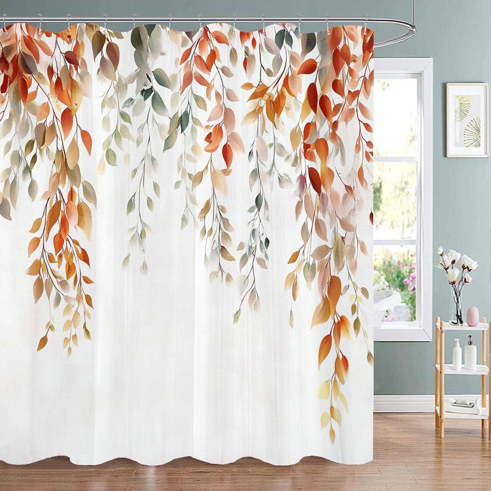 Modern Plants and Leaves Shower Curtain, Botanical Leaf Bathroom Decor Shower Curtain, Waterproof Shower Curtain with Hooks
