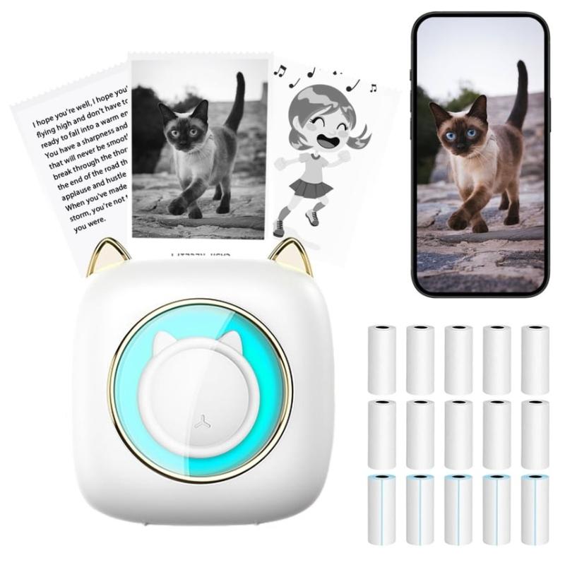 

Portable Thermal Printer With 10 Rolls Of Printer Paper And 5 Rolls Of Stickers, White белый