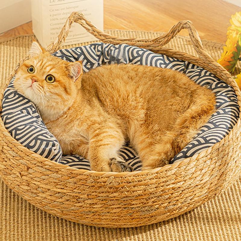 Four Seasons Cat Bed Woven Removable Upholstery Sleeping House Cat Scratch Floor Rattan Washable Cats Pet Products Accessories