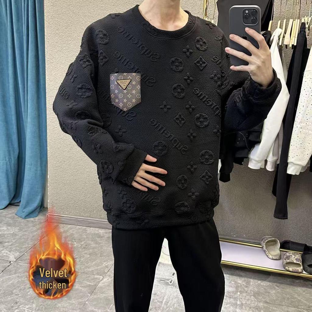 Felpa Jacquard da Uomo alla Moda con Fodera in Pile, Autunno/Inverno, Girocollo con Tasca a Lettera per Coppie