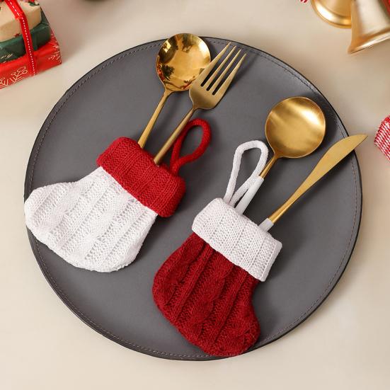 Xmas Tree Hanging Decorations Christmas Tableware Holder, Knitted Stockings Spoon Knife Fork Small Holiday Gift Tags Bag for Fireplace, Tree,