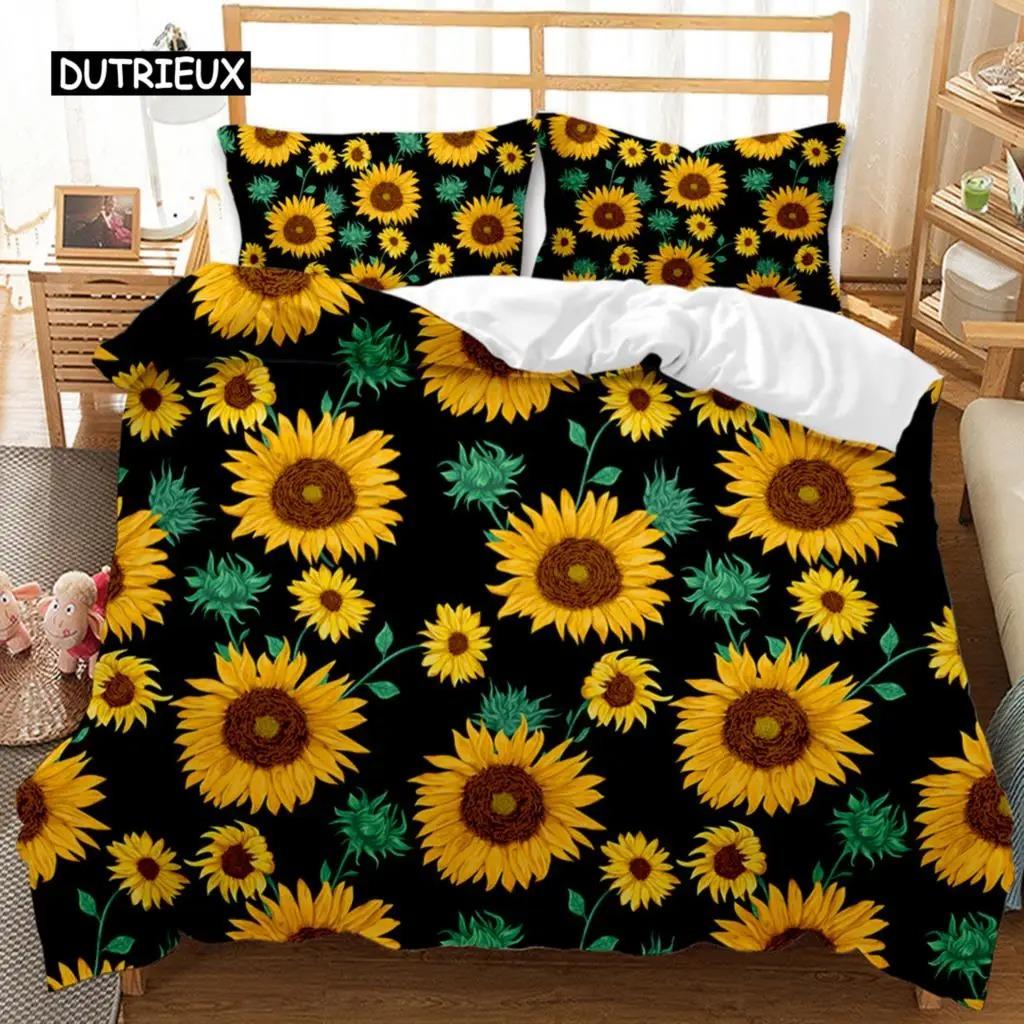 Sunflower Duvet Cover Set Girly Yellow Floral Print Twin Comforter Cover Women Blossom Flowers