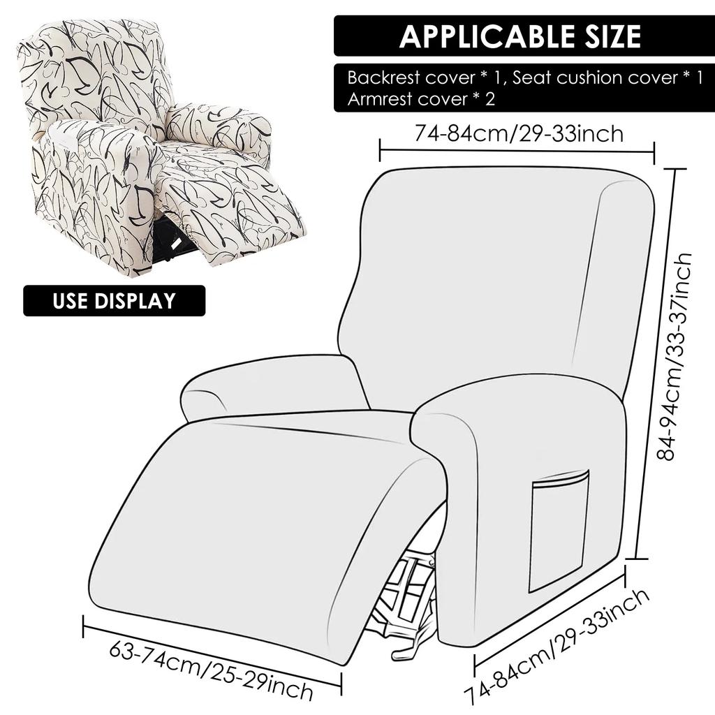 4Pcs Elastic Recliner Sofa Cover Printed Stretch Recliner Slipcovers with Side Pockets Non Slip Sofa Slipcovers for Living Room