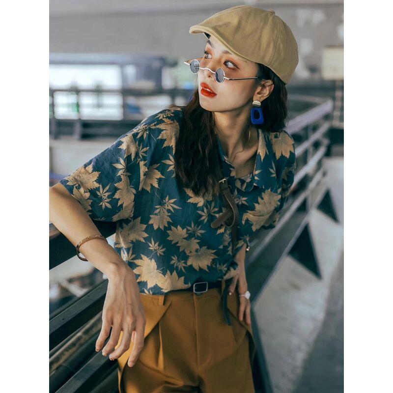Hong Kong Style Retro Printed Short-sleeved Shirt for Women Summer New Loose and Versatile Niche Design