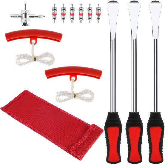 13Pcs Motorcycle Tyre Repair Tool,11.5" Tire Spoon Changer Tools Set With 3 Tire Levers Spoon & 2 Sleeves & 6 Valve Core & Wrench, Tire Tool Kit