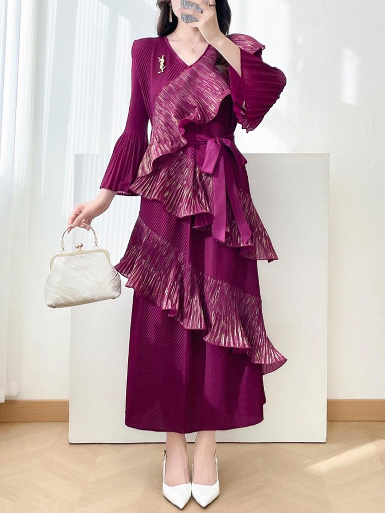 Elegant Plus Size Pleated Ruffle Lace-Up Dress