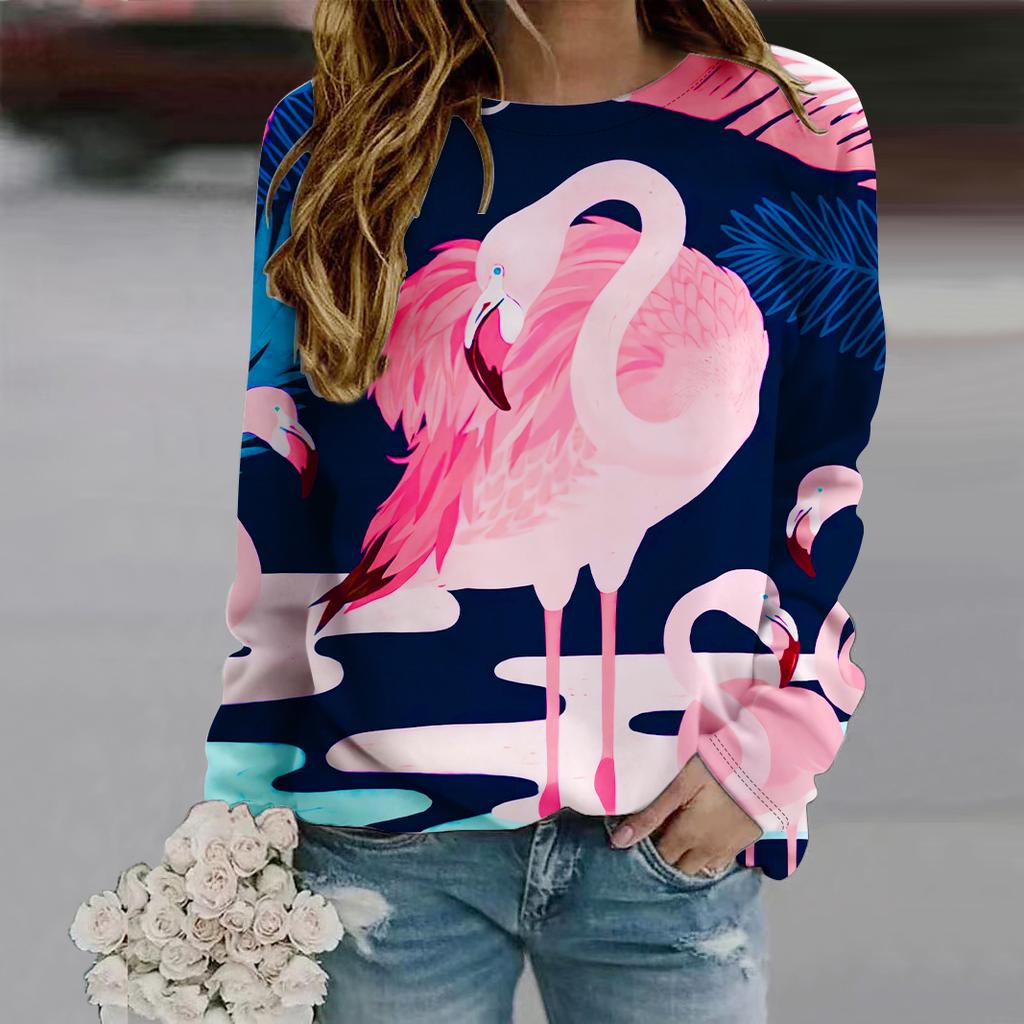 Fall Autumn Women'S Fashion O Neck Long Sleeve T-Shirt Loose Clothes Red-crowned Crane Print T Shirt