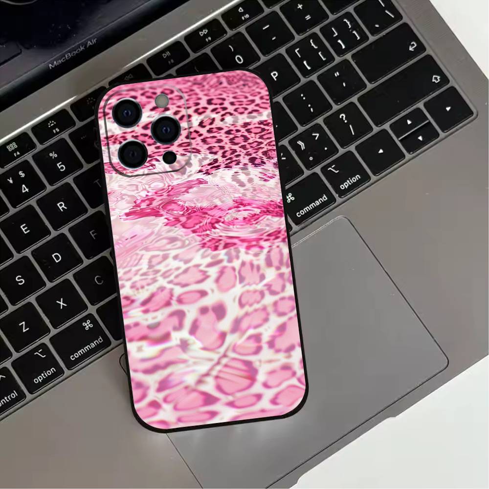

Fashion Pink Leopard Print Phone Case For iPhone 17,16,15,14,13,12,11 Plus,Pro Max,XS,Soft Silicone Black Cover iPhone14Pro