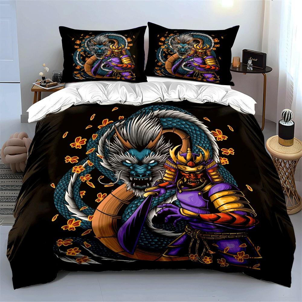 Samurai And Dragon Artistic Set: Suitable For Apparel Exquisite Three-Piece Bedding Set Gift For Kids And Adults