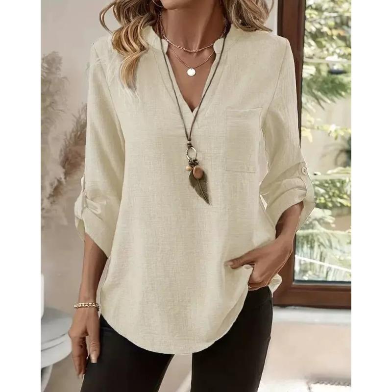 QICED Women's Fashion Casual Solid Color Print Long Sleeve V Neck Blouses & Shirts
