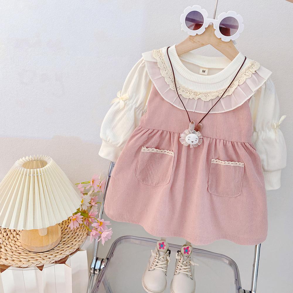 Girls Spring Autumn Fake Two Piece Princess Dress Cute Lace Trim Children Clothing 80cm розовый