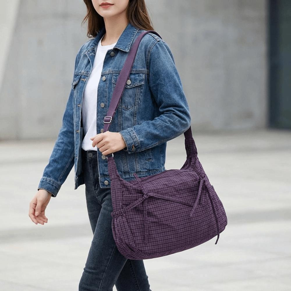 Multiple Pockets Nylon Shoulder Bag Grid Hobo Bag Fashion Bow Crossbody Bag  Outdoor