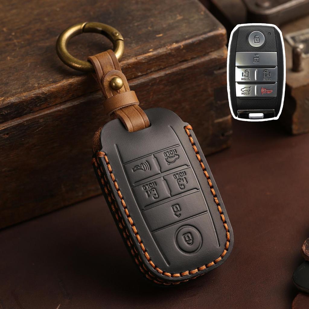 Handmade Genuine Leather Key Cover for Kia Carnival MPV – Retro Cowhide Protective Shell