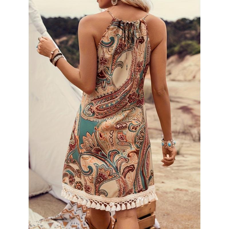 Summer Sleeveless Sweet Printed Lace Short Dress Elegant Fashion Loose Tassel A-line Party Holiday Dresses Tank Casual Simple Clothing