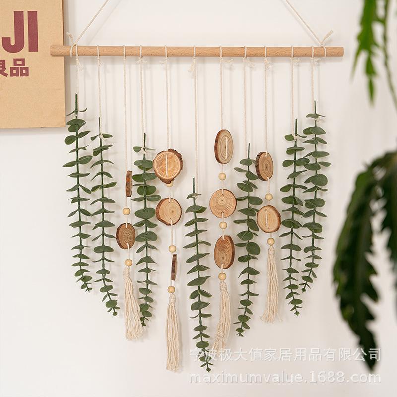 Bohemian Wall Hanging Decor with Natural Wood Slices and Green Eucalyptus Leaves