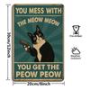 """You Mess with the Meow Meow..." humoristisk katt metallskilt, 20x30cm."