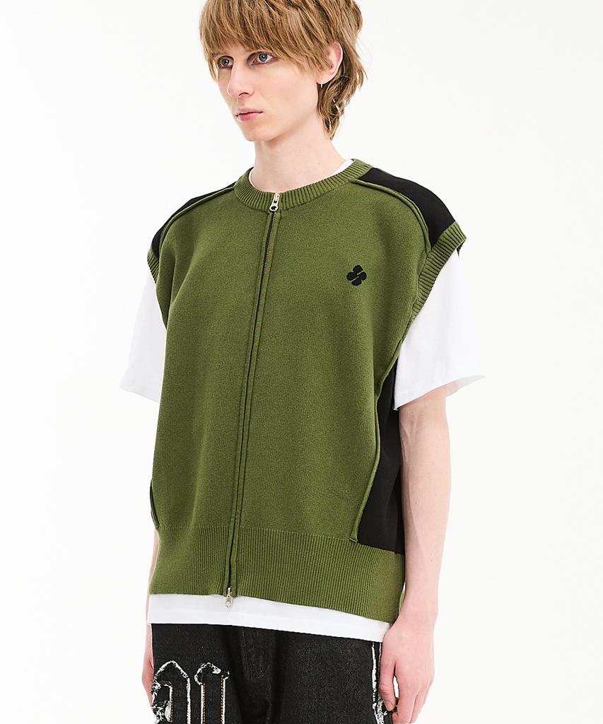 Hoodhood Racing Knit Zip-Up Vest Khaki