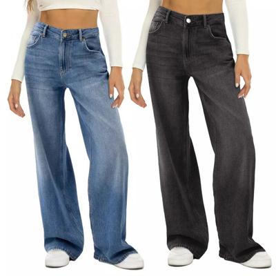 Women Jeans High Waist Wide Leg Solid Color Loose Button Zipper Closure Multi Pockets Full Length
