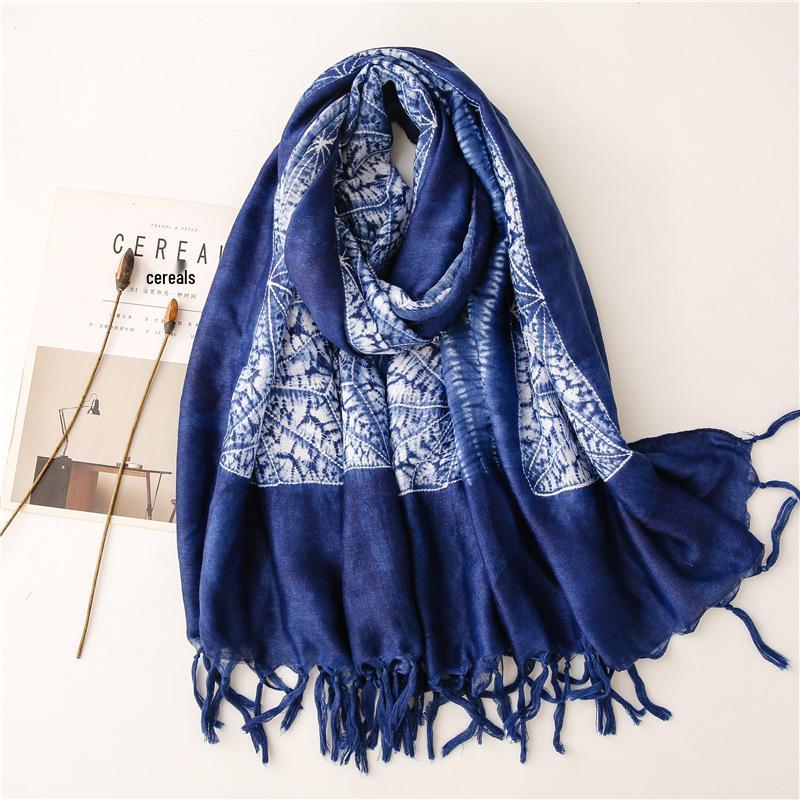Ethnic Tie-Dye Blue & White Cotton-Linen Scarf: Mori Girl Travel Shawl & Literary Accessory