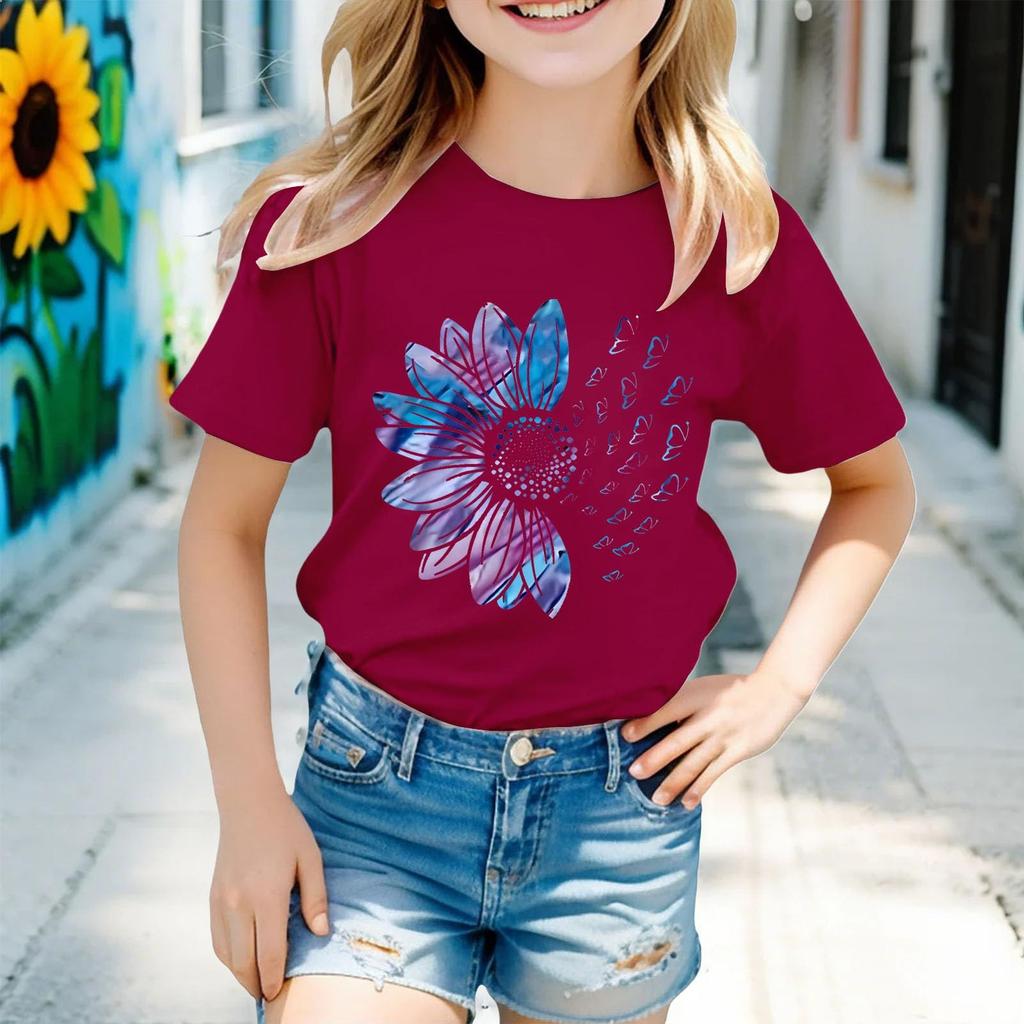 Kindermode Kurzarm Rundhals Floral Bedruckt Lässiges T-Shirt Top