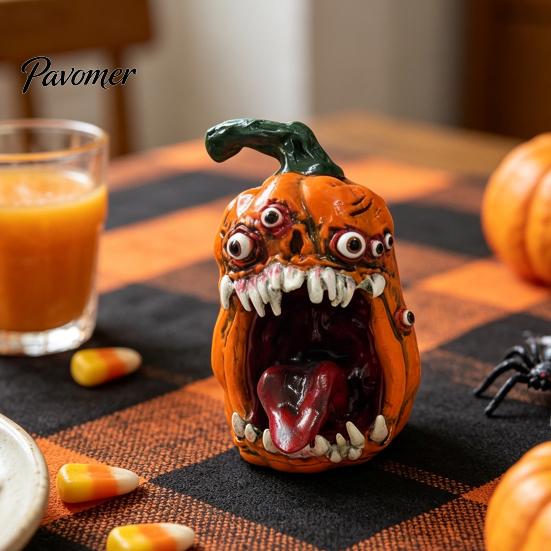 Horror Pumpkin Tabletop Decor Halloween Evil Figurine, Ornament with Multi Eyes and Spooky Decorations Fangs, Demon Resin Statue for Party Decoration
