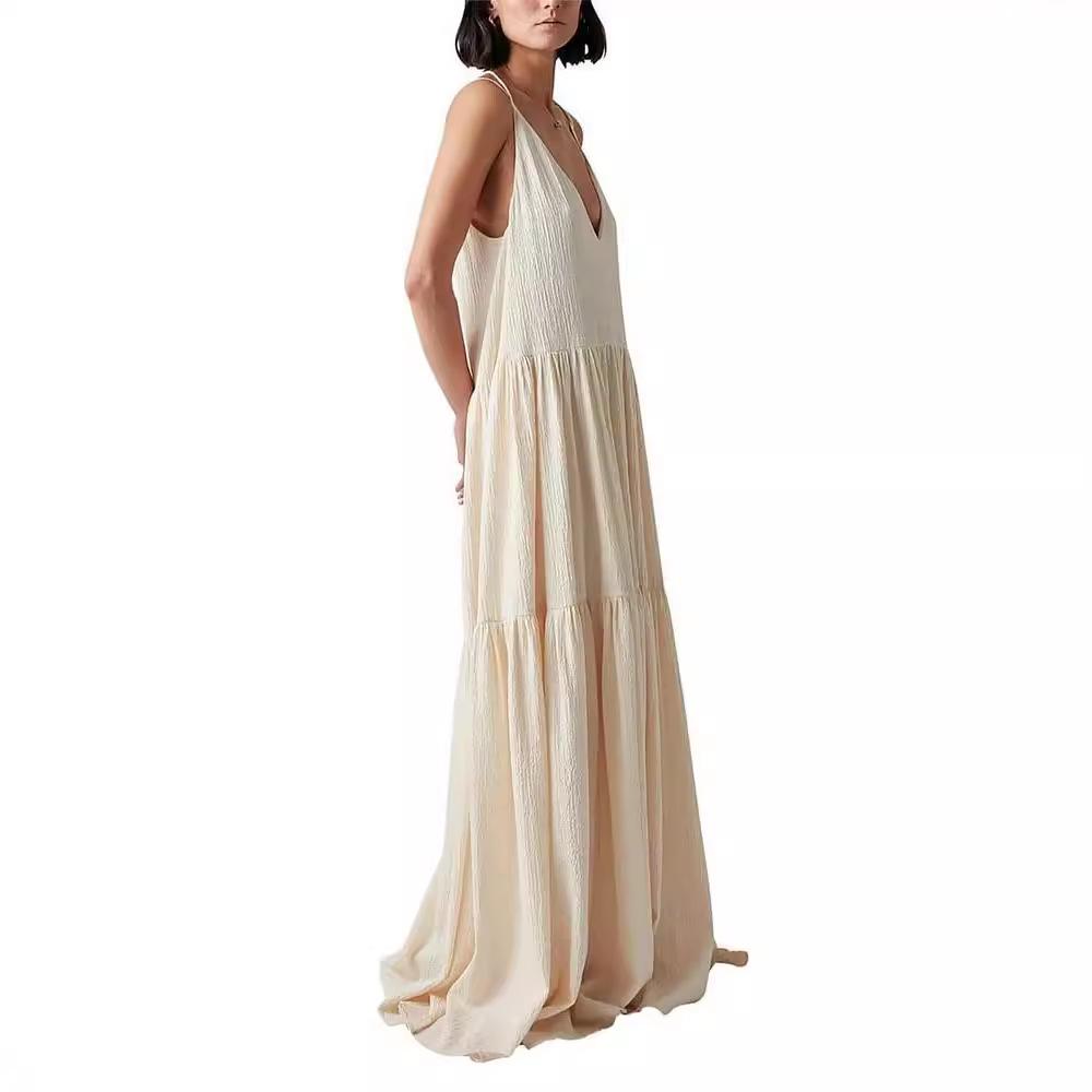 European Women's Summer Pleated Irregular Maxi Dress with Adjustable Straps
