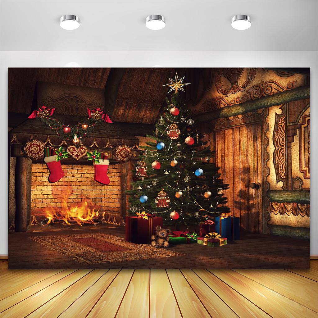 Weihnachtsbaum Blumenkranz Holz Geschenk Fotografie Hintergrund Fenster Kamin Feuer Weihnachten Neujahr Party Hintergrund Fotowand