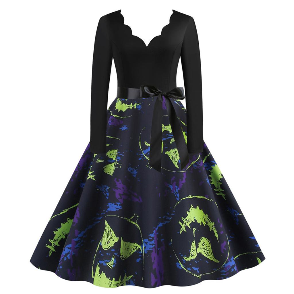 Women's Fashion Print Long Sleeve V-Neck Casual Halloween Hem Dress