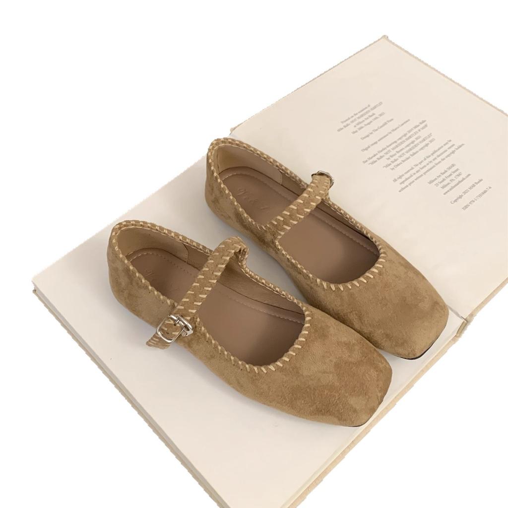 French Suede Ballet Flats Women's 2025 Spring and Autumn New Retro Square Head Casual Flat Mary Jane Single Shoes