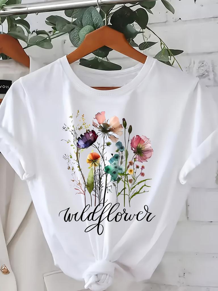 Tallas Europeas Camiseta de Manga Corta Casual Estampado Floral Cuello Redondo, Ropa para Mujer de Primavera y Verano