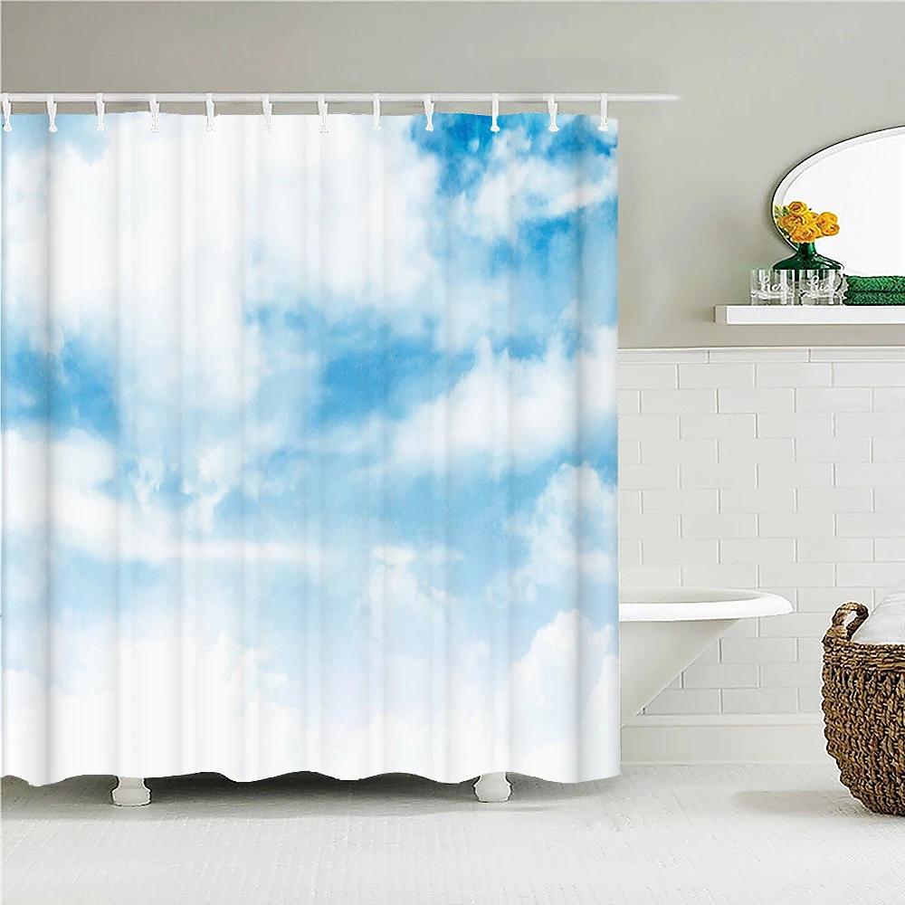 Solig Blå himmel moln Landskap Vattentätt Tyg Duschdraperi landskap Tryckta Duschdraperier för Badrum Dusch med Krokar
