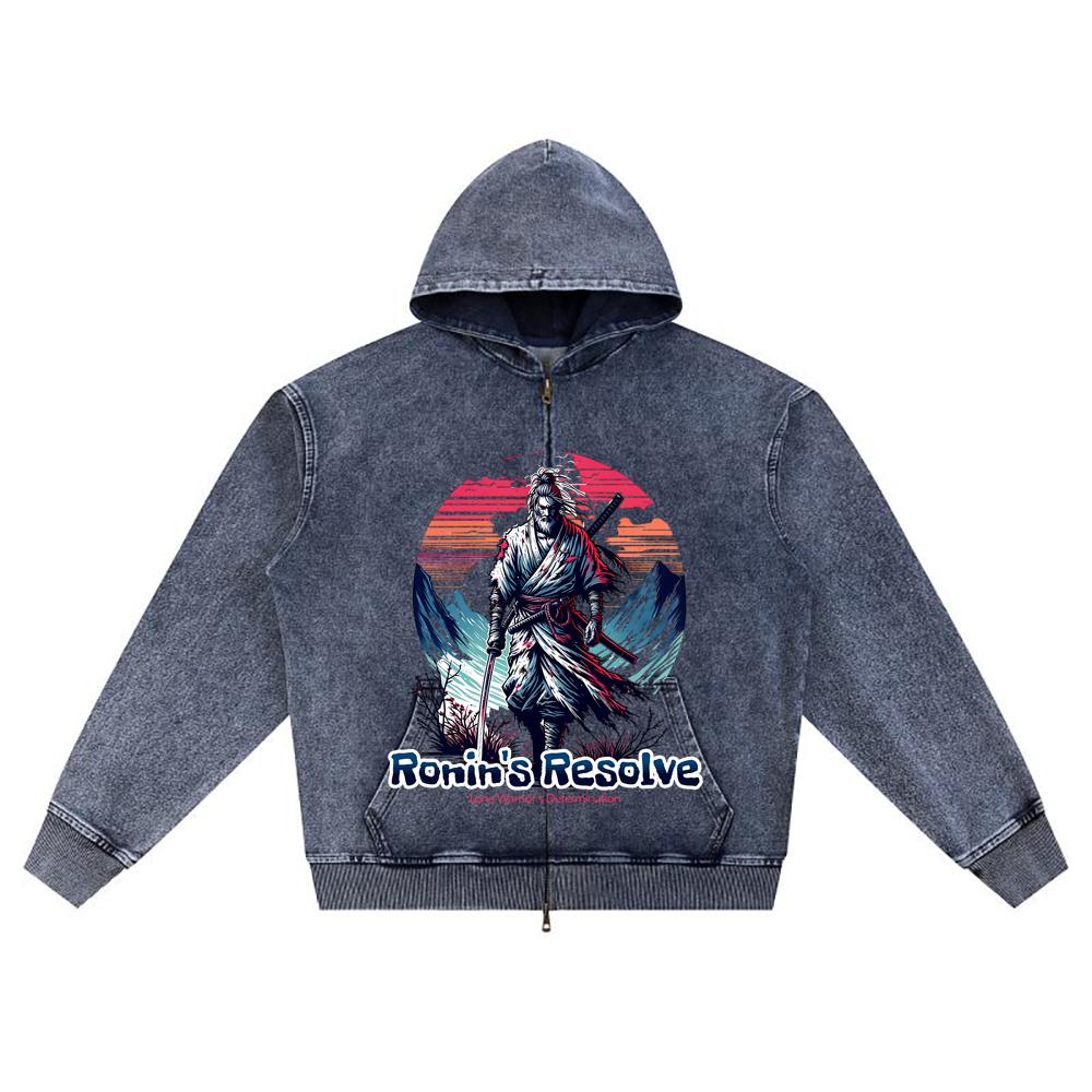 

Худи на молнии из вязаного денима с DTG-принтом, Япония, Самурай, Брат, Толстовки на молнии XL темно-синий