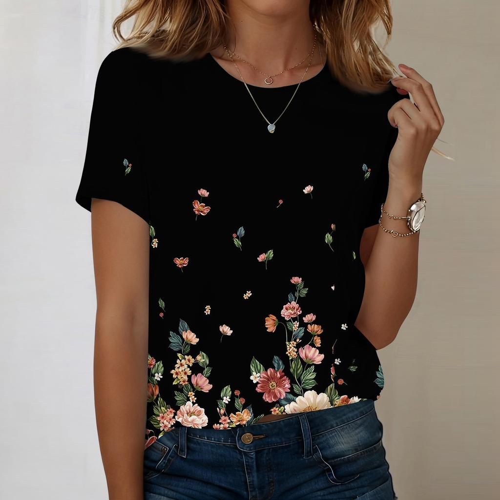 Women's Fashionable Casual Short-sleeved, Retro Printed Round-neck Top