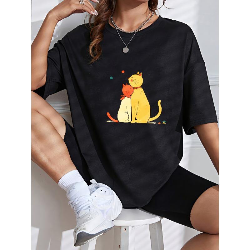 Niedliches Katzenpaar Bedrucktes T-Shirt Weiß Cartoon Katzen Design Für Freizeitkleidung Und Alltagsoutfits