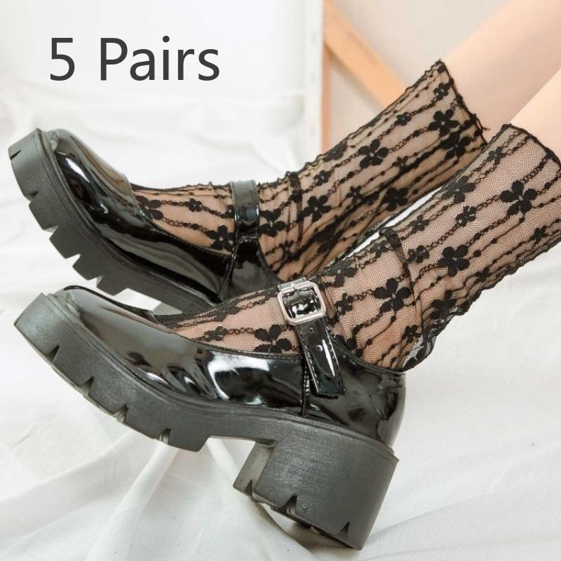 5 Par Damskich Letnich Cienkich Jednokolorowych Skarpetek do Kostki z ażurowej koronki w kwiaty, oddychających