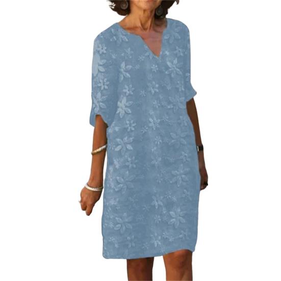 Women Summer Dress Mid Sleeves V-neck Solid Color Loose Pullover Daily Wear Flower Print Casual Lady Midi Dress Female Clothes