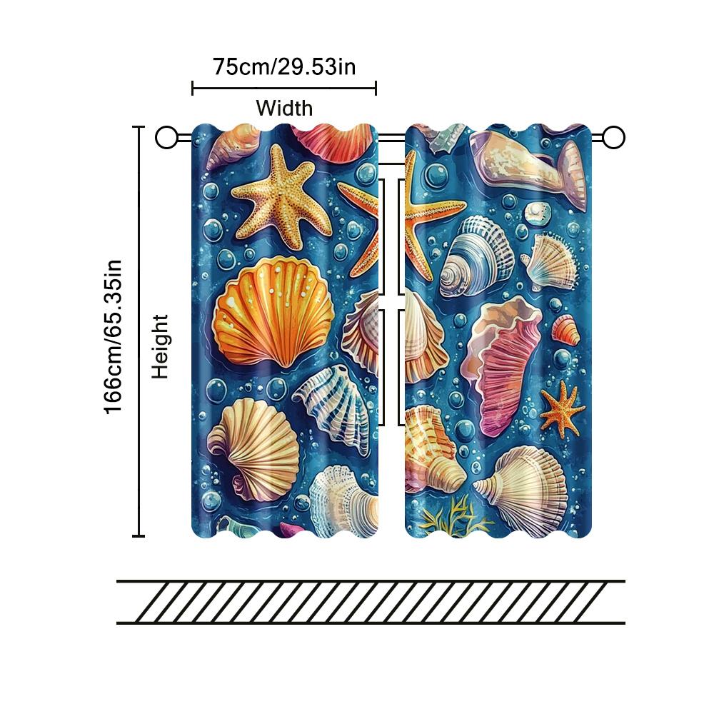 Set Of 2 Filtering Curtains Excluding Rods Non Movable Without Batteries Colored Starfish Shells Blue Curtain Polyester