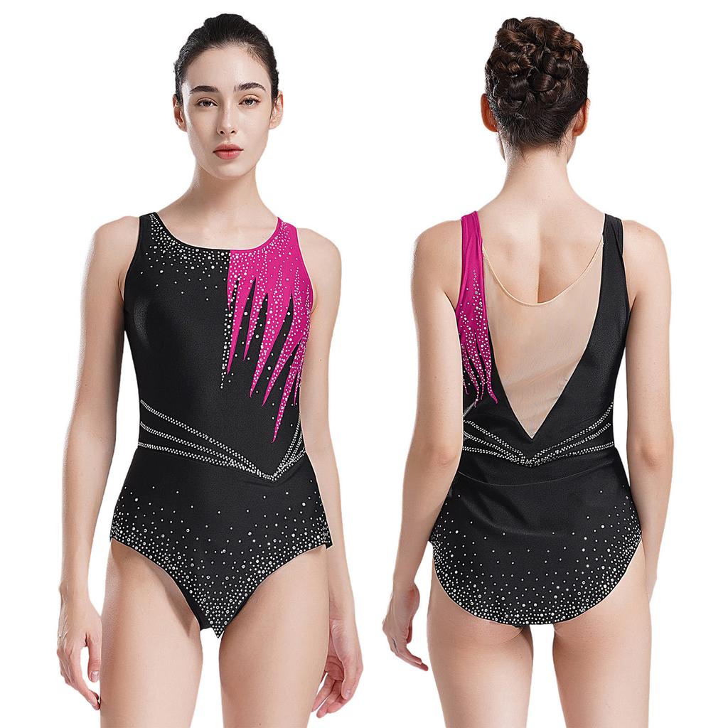 Women Shiny Rhinestone Ballet Dance Leotard Rhythmic Gymnastics Athletic Activewear Competition Costume Sheer Mesh Bodysuit
