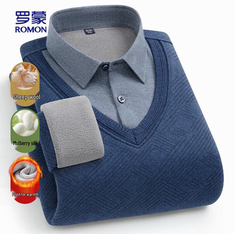 ROMON Men's Fleece-Lined Wool Blend Knit Shirt Collar Sweater