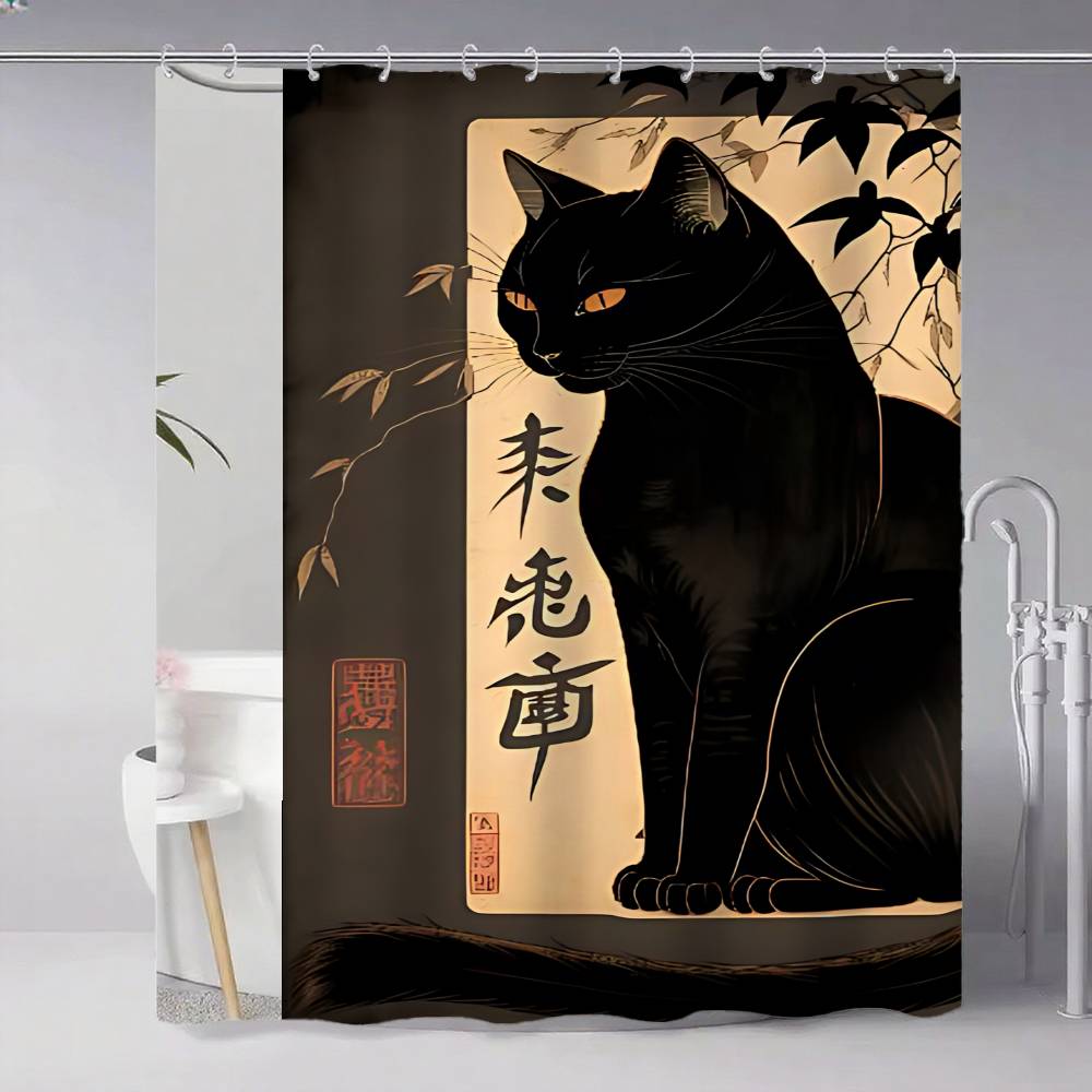 Japanese Cat Classic Vintage 1pc Pattern Shower Curtain Plus Hooks Waterproof Machine Washable Polyester Fabric Abstract