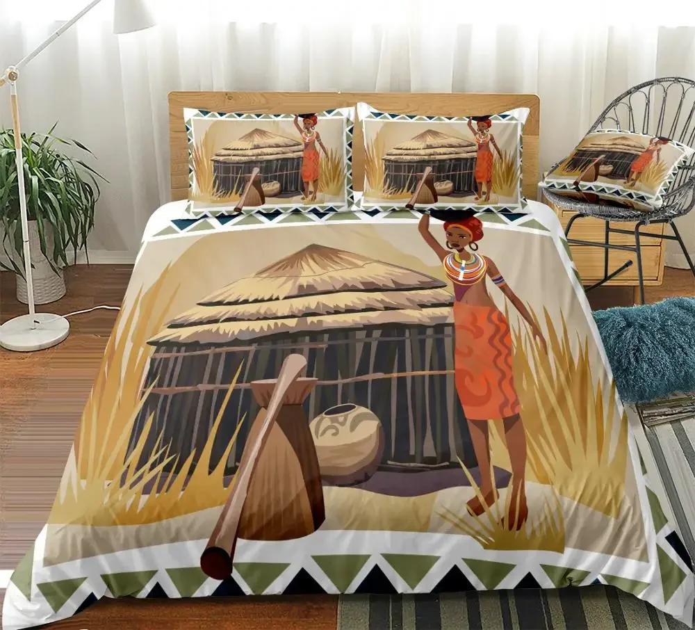 Afrikanische Frau King Queen Bettbezug Retro Exotische Tribal Black Girl Muster Bettwäsche Set Afrika Polyester Quilt Cover Kissenbezug