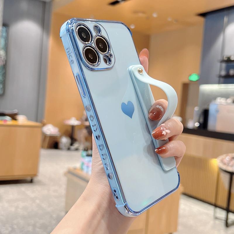 Korean Cute Electroplate Love Heart Wrist Strap Case For iPhone 14 13 Mini 12 11 Pro Max X XS XR 7 8 Plus Shokcproof Stand Cover