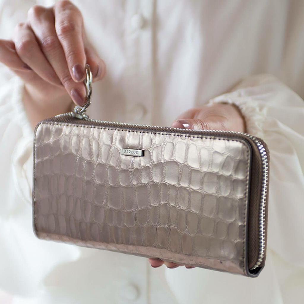 Barcos Shining Leather Long Wallet for Women, Crocodile Embossed, with Card Case, 12 Card Pockets, Bill Compartment, Coin Purse, Wide Round Zipper,