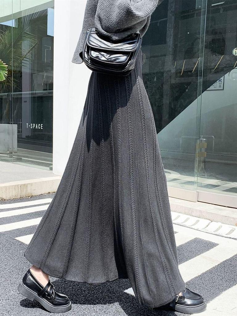 Women's Black High-Waist A-Line Woolen Skirt - Ribbed, Thickened, Autumn/Winter Casual Skirt
