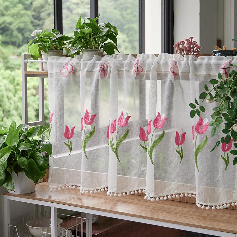 Double Layer High-End Embroidered Kitchen Cabinet Blackout Café Curtain