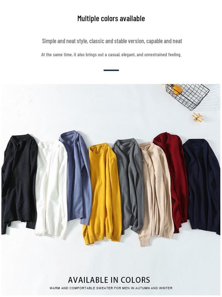 Men's White Round Neck Long Sleeve Knit Sweater for Spring, Autumn, and Winter