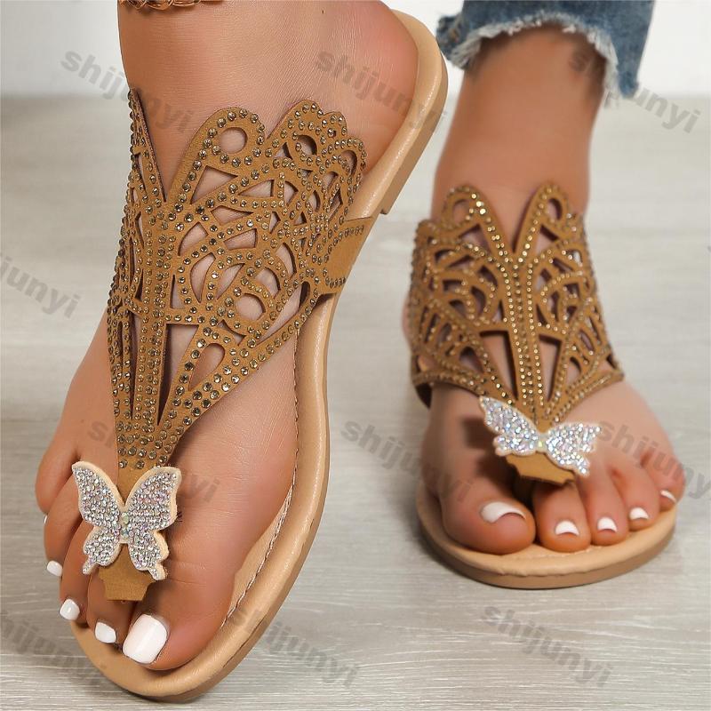 Fashion Women's Luxury Butterfly Rhinestone Slippers Summer New Fashion Casual Hollowed Flip Flops Female Soft Flat Shoes Beach Slides