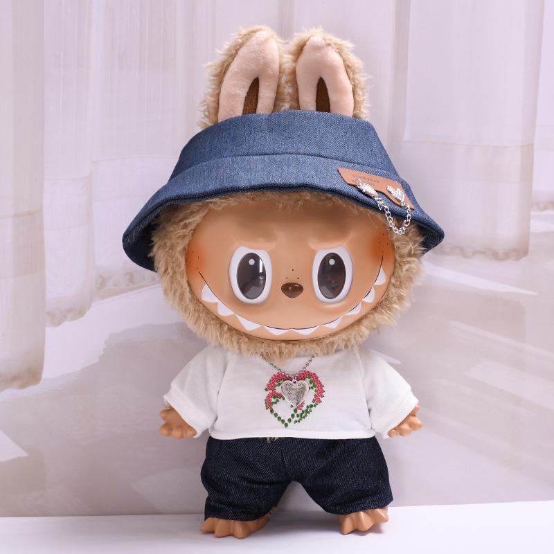 38cm Labubu Plush Doll Casual Outfit Set with Hat (Clothes Only)