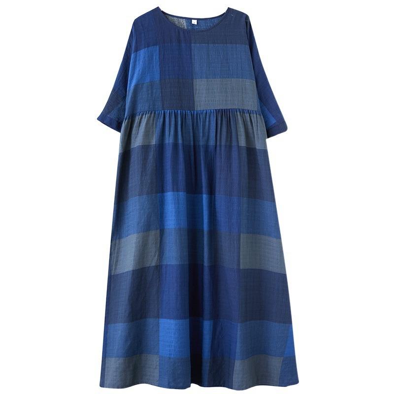 Real Shot Summer New Cotton and Linen Literary Loose Round Neck Short Sleeve Bohemian Medium and Long Dress Women